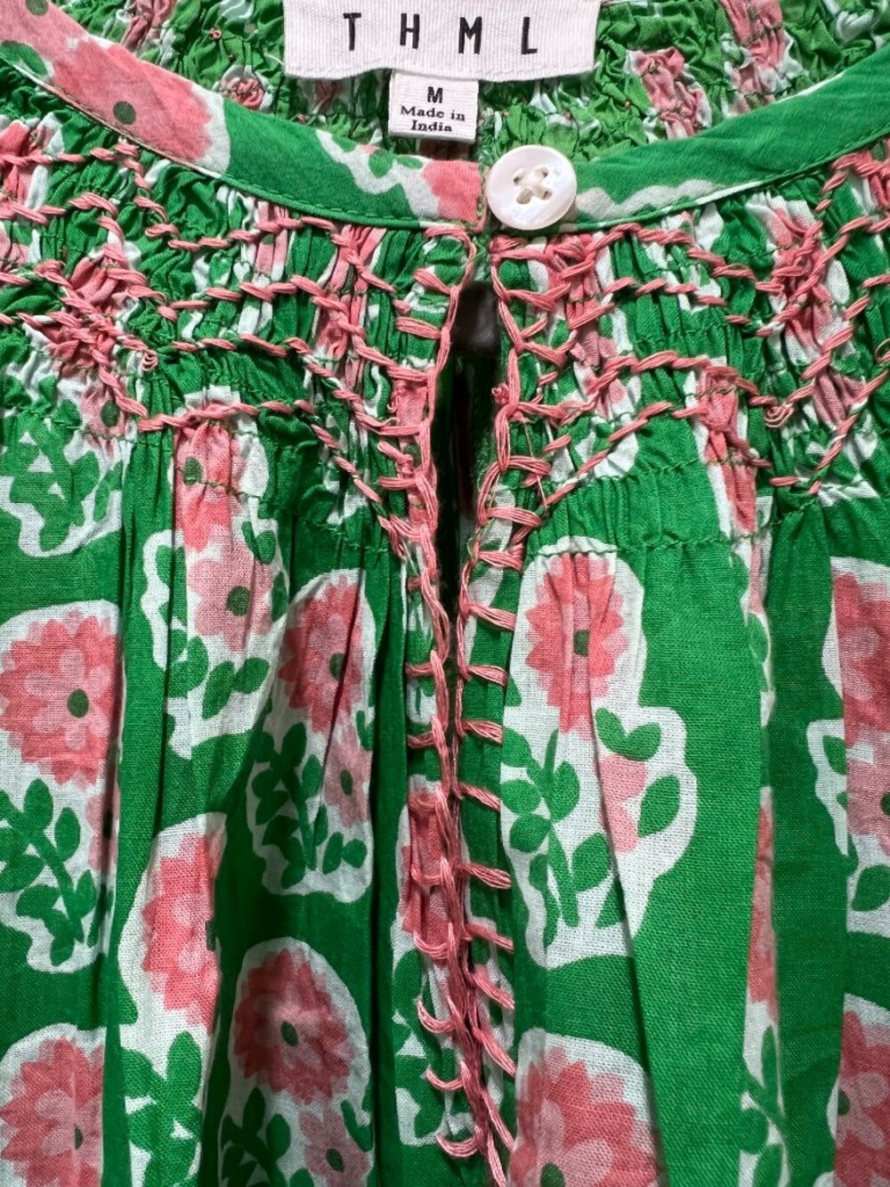 Women's THML Green Pink Floral Smocked Puff Sleeve Blouse Top - Medium - Picture 3 of 5